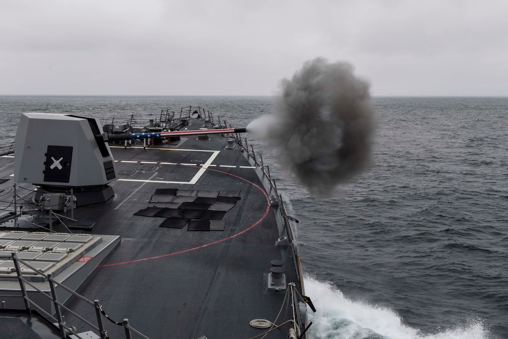 USS Wayne E. Meyer Shoots the 5" Gun