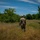 A soldier in full camouflage uniform and helmet walks away from the camera through an open grassy field with scattered wildflowers. The individual is carrying what appears to be documents or papers in one hand and wears a backpack. The setting appears to be a rural training area with dense tree lines on either side under a partly cloudy blue sky.
