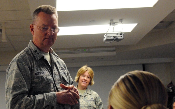 Maj. Gen. Anthony German and State Command Chief Master Sgt. Amy Giaquinto attend the 174th Attack Wing's Leadership Development Course