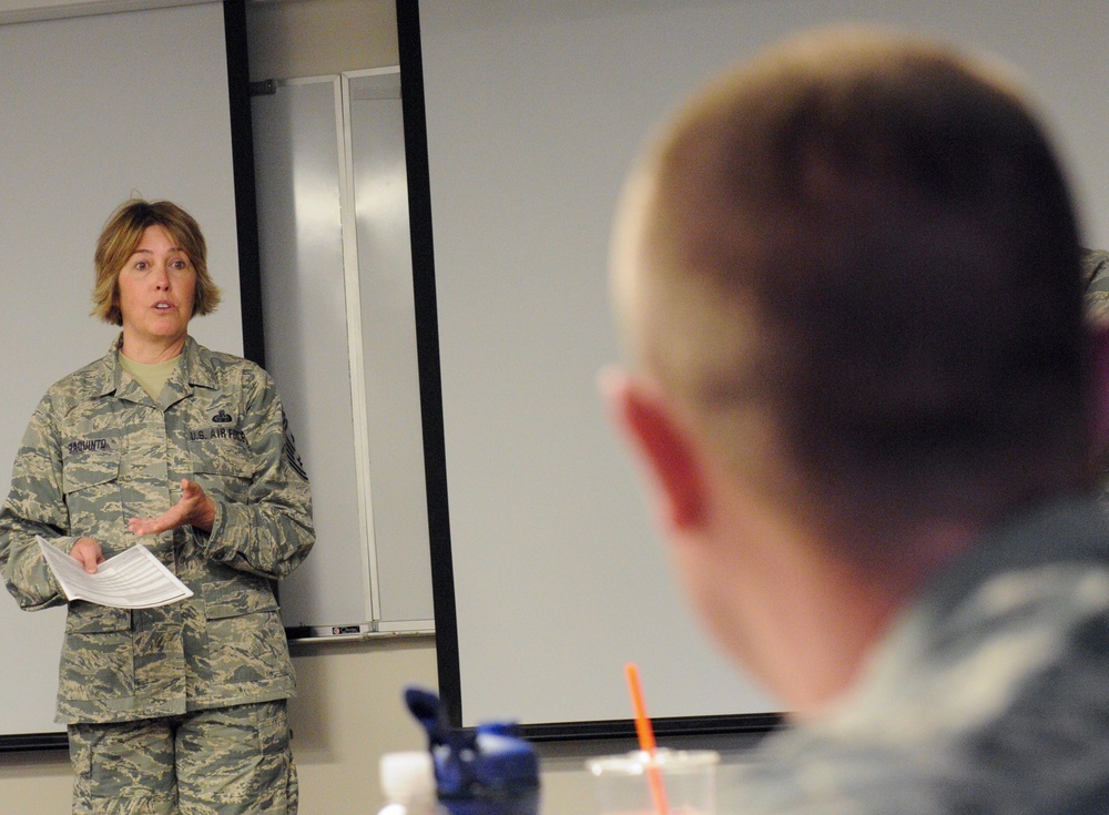 Maj. Gen. Anthony German and State Command Chief Master Sgt. Amy Giaquinto attend the 174th Attack Wing's Leadership Development Course