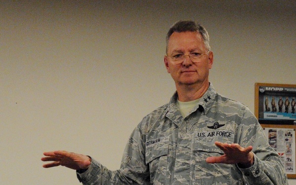 Maj. Gen. Anthony German and State Command Chief Master Sgt. Amy Giaquinto attend the 174th Attack Wing's Leadership Development Course