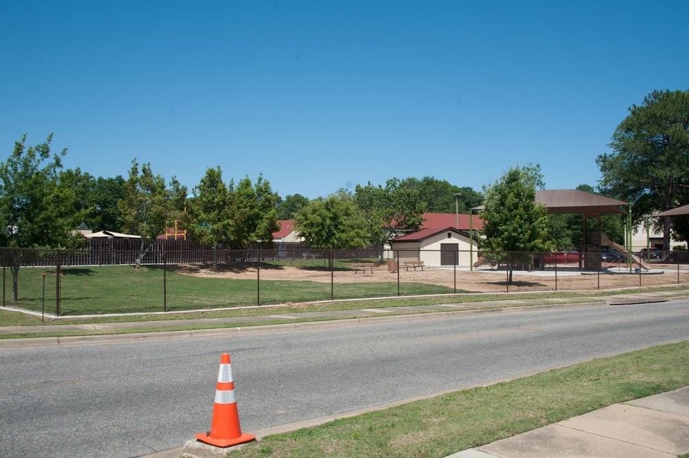 Ongoing construction on playground near Bldg #1 &amp; Base Swimming Pool