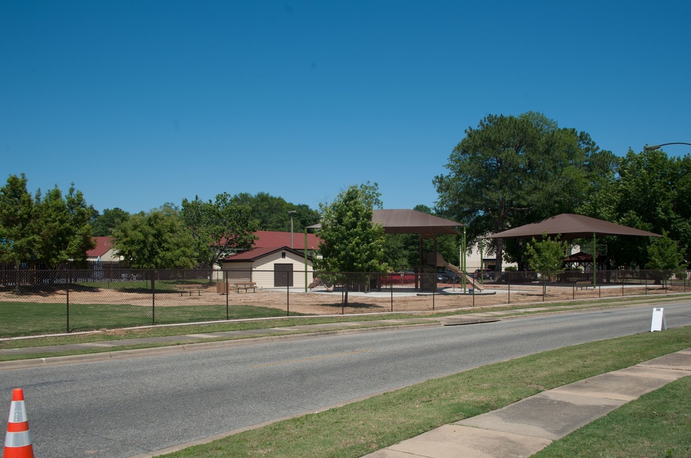 Ongoing construction on playground near Bldg #1 &amp; Base Swimming Pool