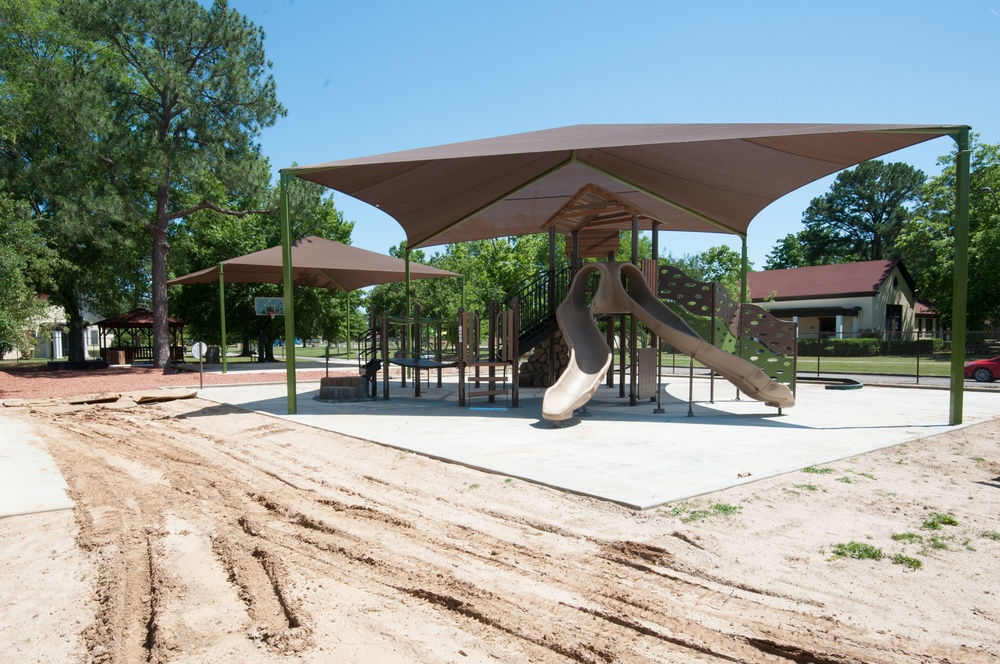 Ongoing construction on playground near Bldg #1 &amp; Base Swimming Pool