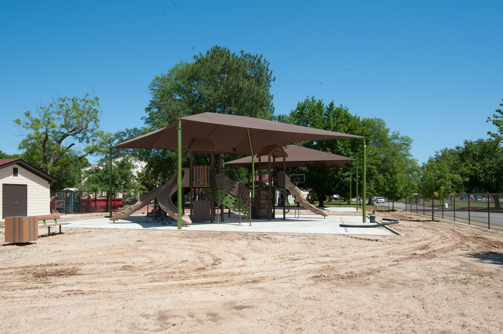 Ongoing construction on playground near Bldg #1 &amp; Base Swimming Pool