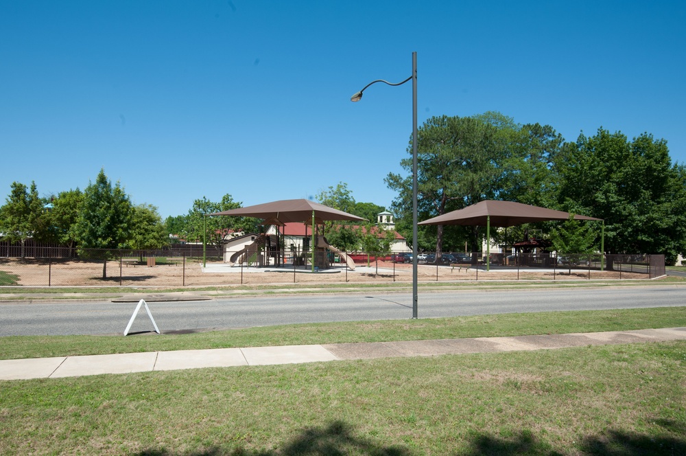 Ongoing construction on playground near Bldg #1 &amp; Base Swimming Pool