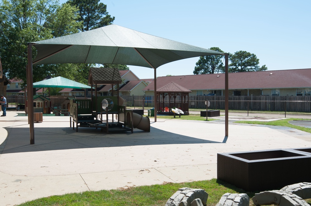 Ongoing construction on outdoor play area for the Child Development Center, Bldg 22.