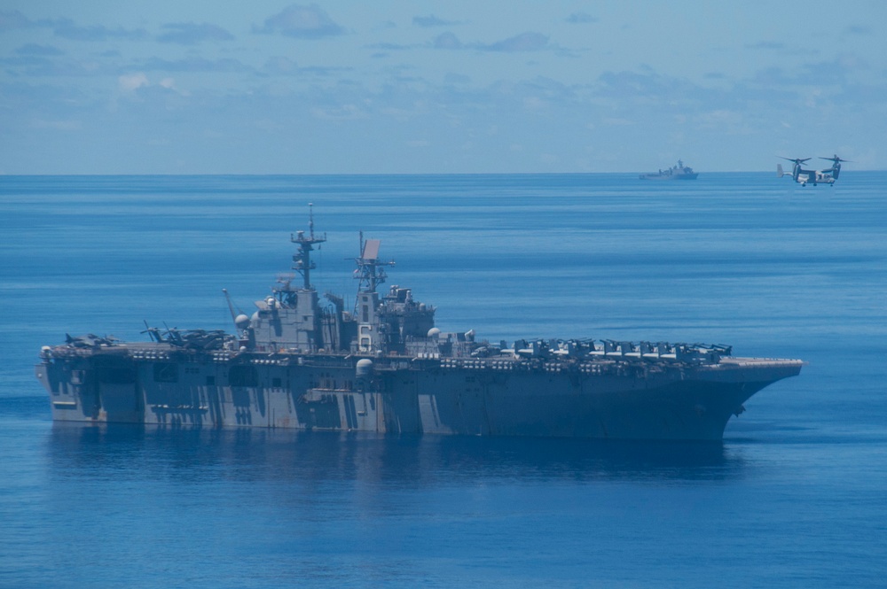 MV-22B Osprey, assigned to the &quot;Dragons&quot; of Marine Tiltrotor Squadron 265 (REIN) departs the amphibious assault ship USS Bonhomme Richard (LHD 6)