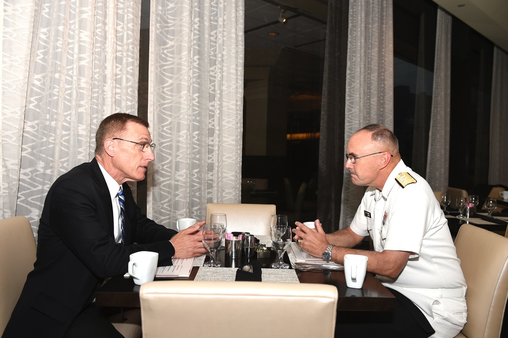 Congressman Tim Murphy and Commander in the Navy Reserves and Vice Admiral Forrest Faison Surgeon General and Chief, Bureau of Medicine and Surgery talk over breakfast