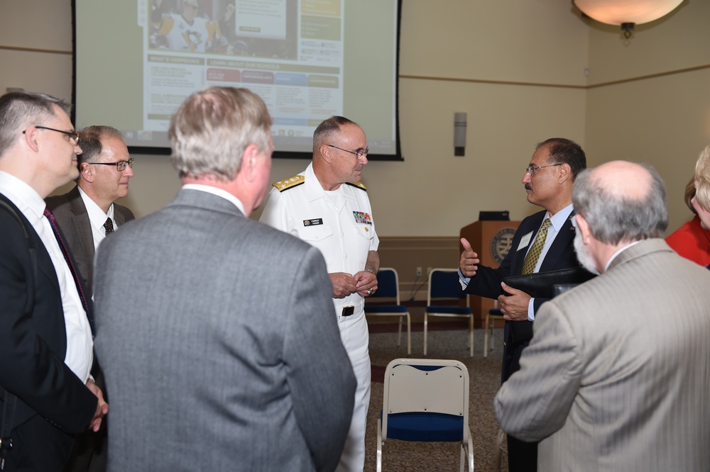 Vice Admiral Forrest Faison Surgeon General and Chief, Bureau of Medicine and Surgery speaks with executives from Point Park University