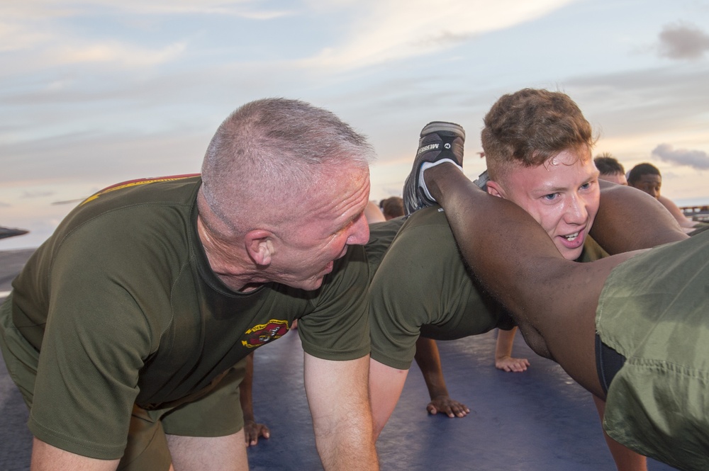 Sailors and Marines Aboard USS Bonhomme Richard (LHD 6) Build Teamwork and Strength Through Physical Training