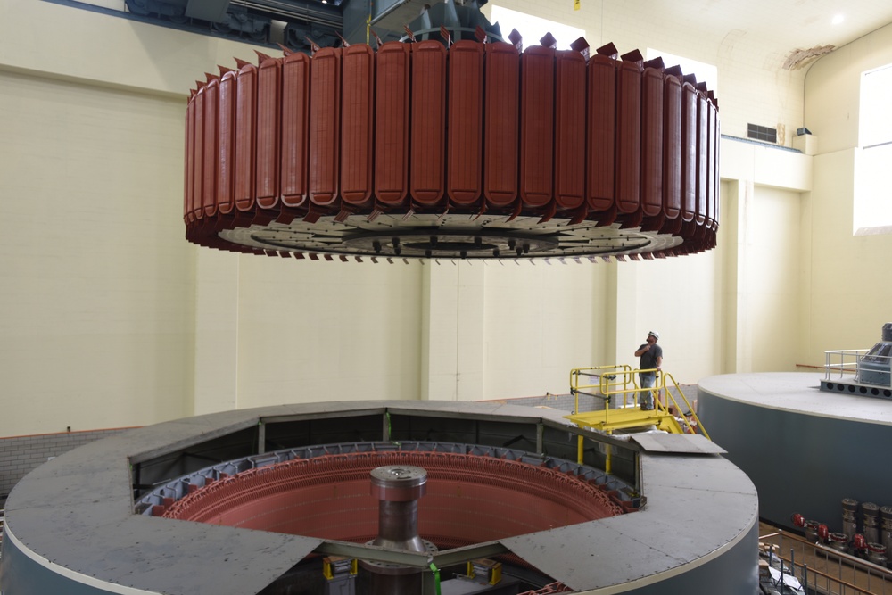 Crew installs 249-ton hydropower rotor at Center Hill Dam