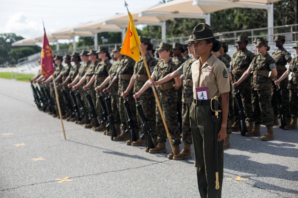 Marine recruits demonstrate discipline through drill on Parris Island