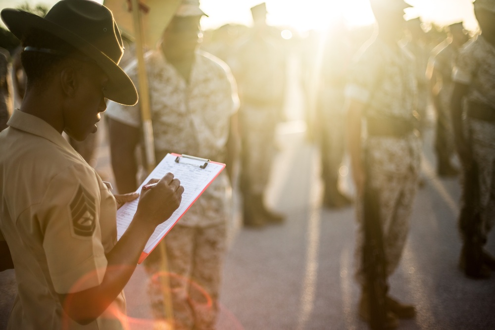 Marine recruits demonstrate discipline through drill on Parris Island