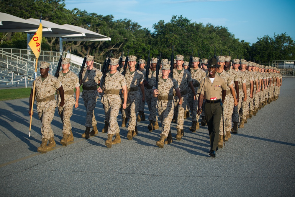 Marine recruits demonstrate discipline through drill on Parris Island