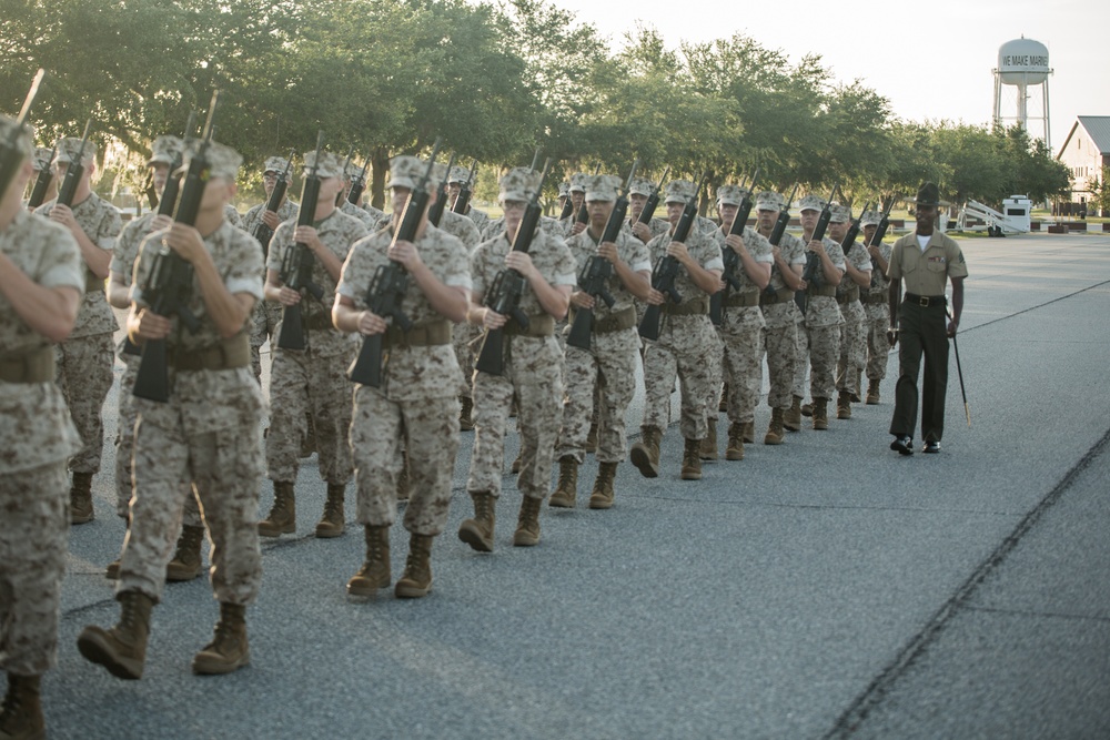 Marine recruits demonstrate discipline through drill on Parris Island