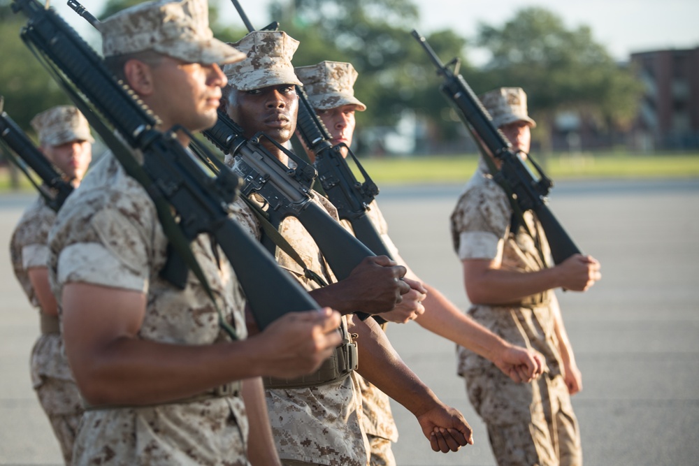 Marine recruits demonstrate discipline through drill on Parris Island