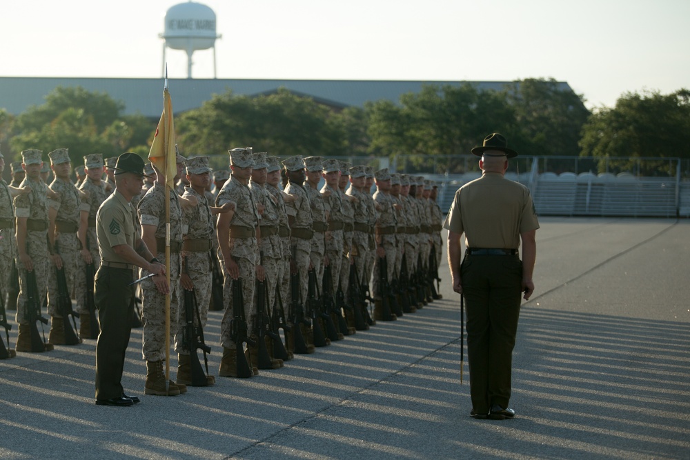 Marine recruits demonstrate discipline through drill on Parris Island