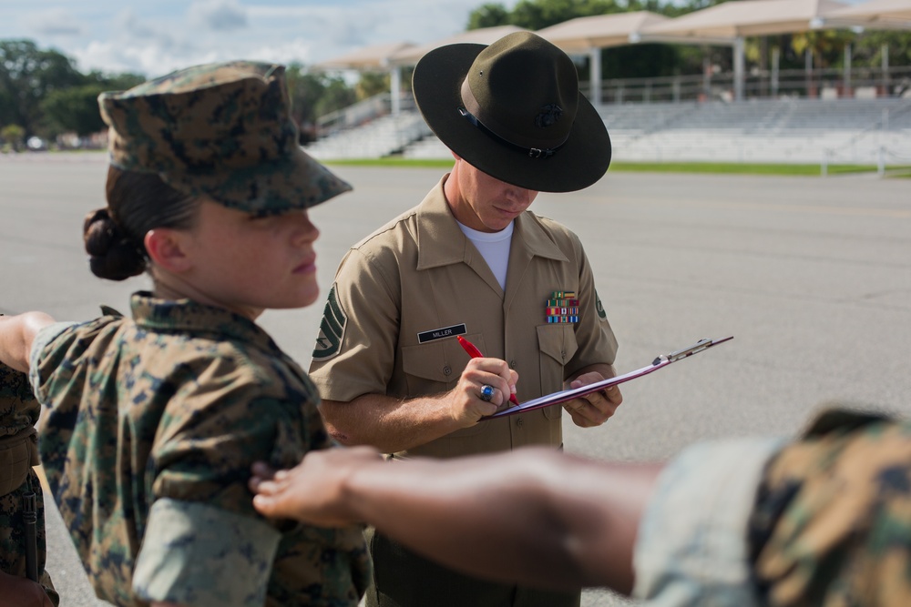 Marine recruits demonstrate discipline through drill on Parris Island