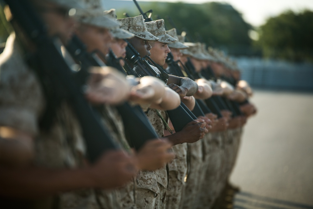 Marine recruits demonstrate discipline through drill on Parris Island