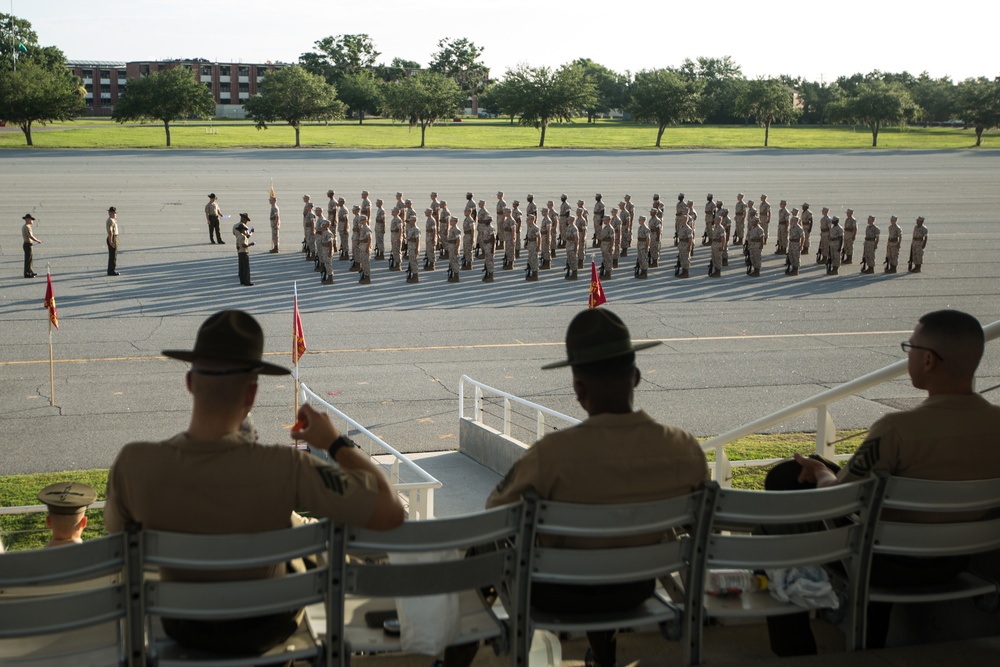 Marine recruits demonstrate discipline through drill on Parris Island