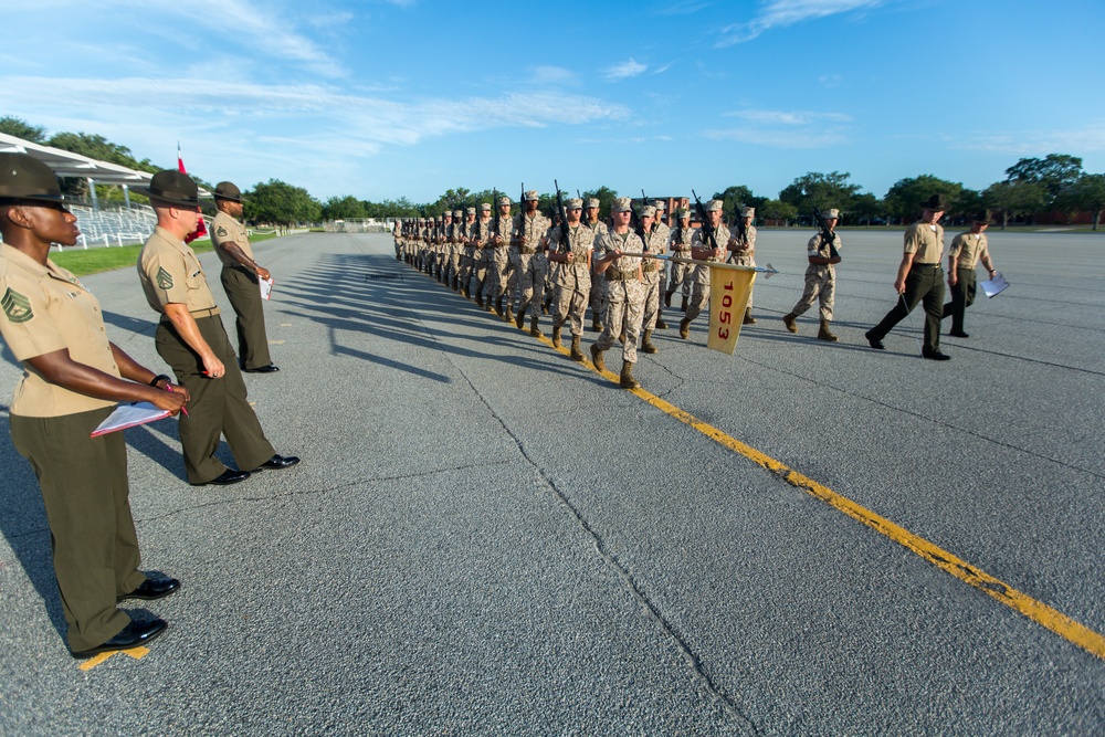 Marine recruits demonstrate discipline through drill on Parris Island