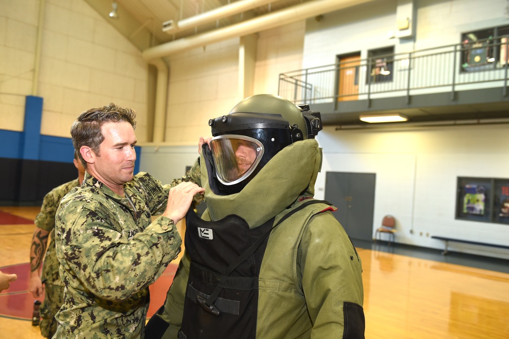 Wearing a bomb suit