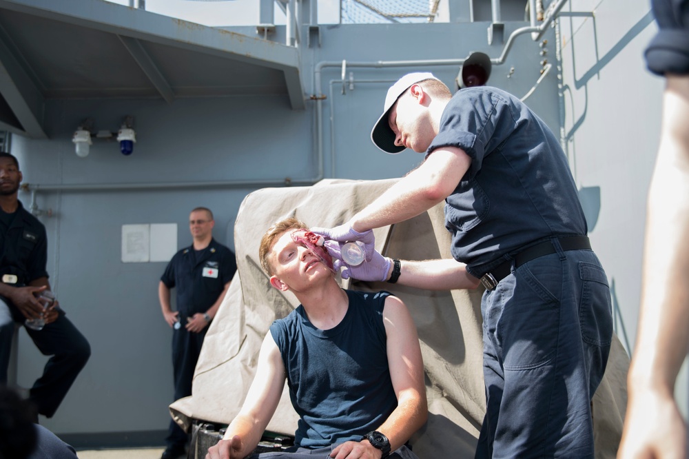 Sailors Aboard USS Bonhomme Richard (LHD 6) Build participate in a mass casualty drill