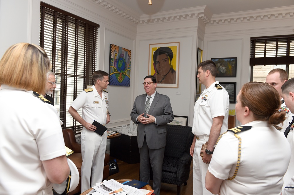 William Peduto Mayor of Pittsburgh, speaks to Rear Admiral Jeff Hughes