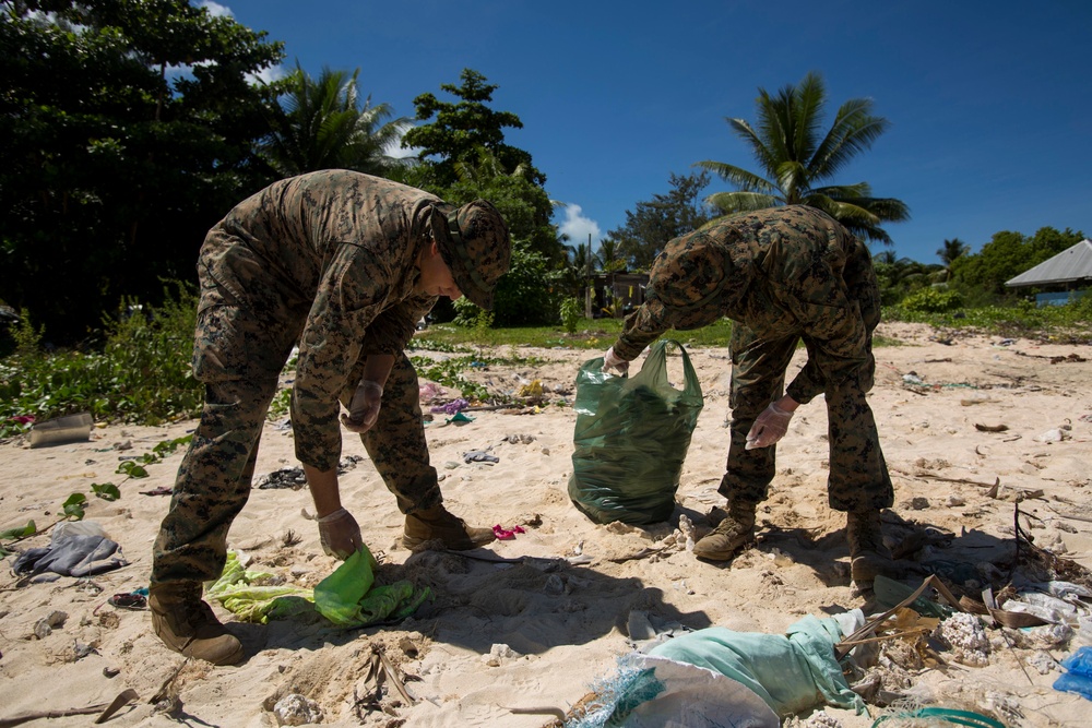Koa Moana Marines, Sailors, MSC crewmembers conduct beach cleanups on Betio Island