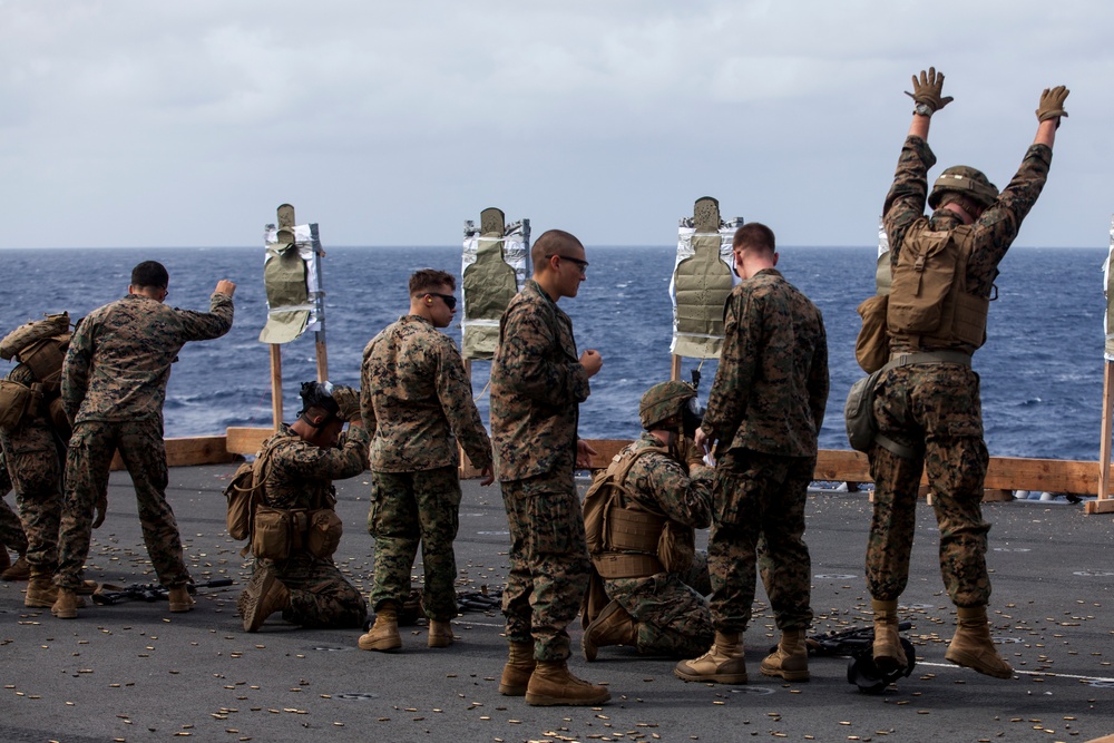 BLT Marines conduct combat conditioning marksmanship aboard BHR