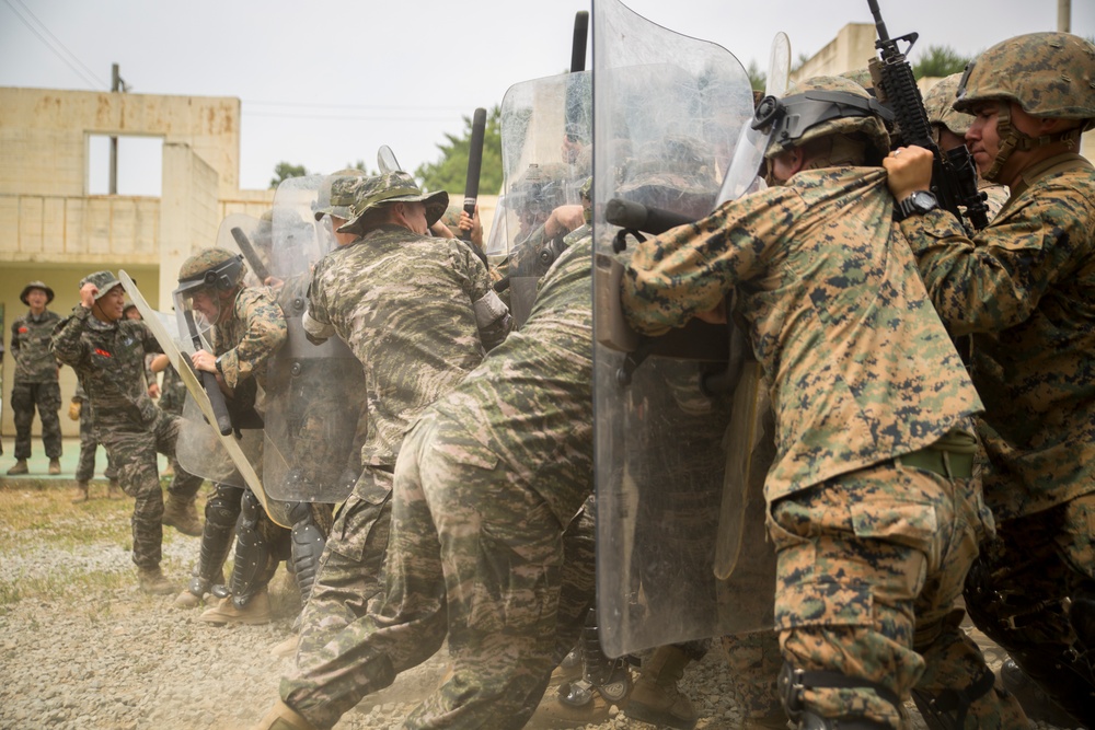 U.S. Marines, Republic of Korea Marines rehearse non-lethal crowd control tactics in South Korea