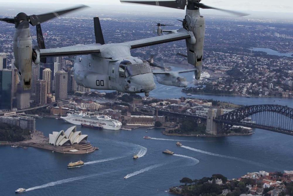 Sydney Harbor below, VMM-265 greets Australia from the skies