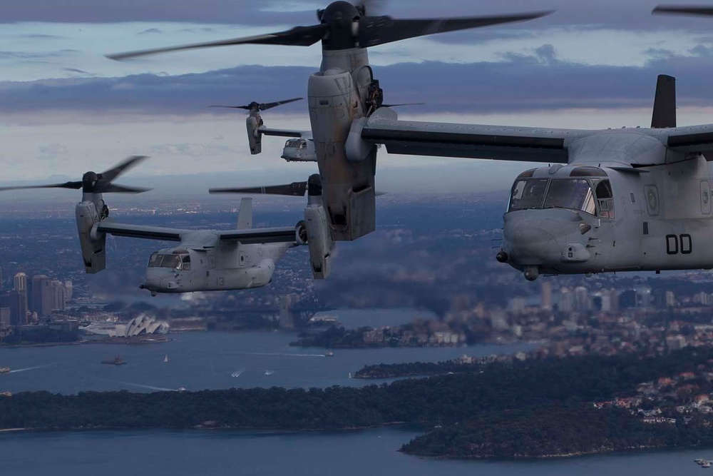 Sydney Harbor below, VMM-265 greets Australia from the skies