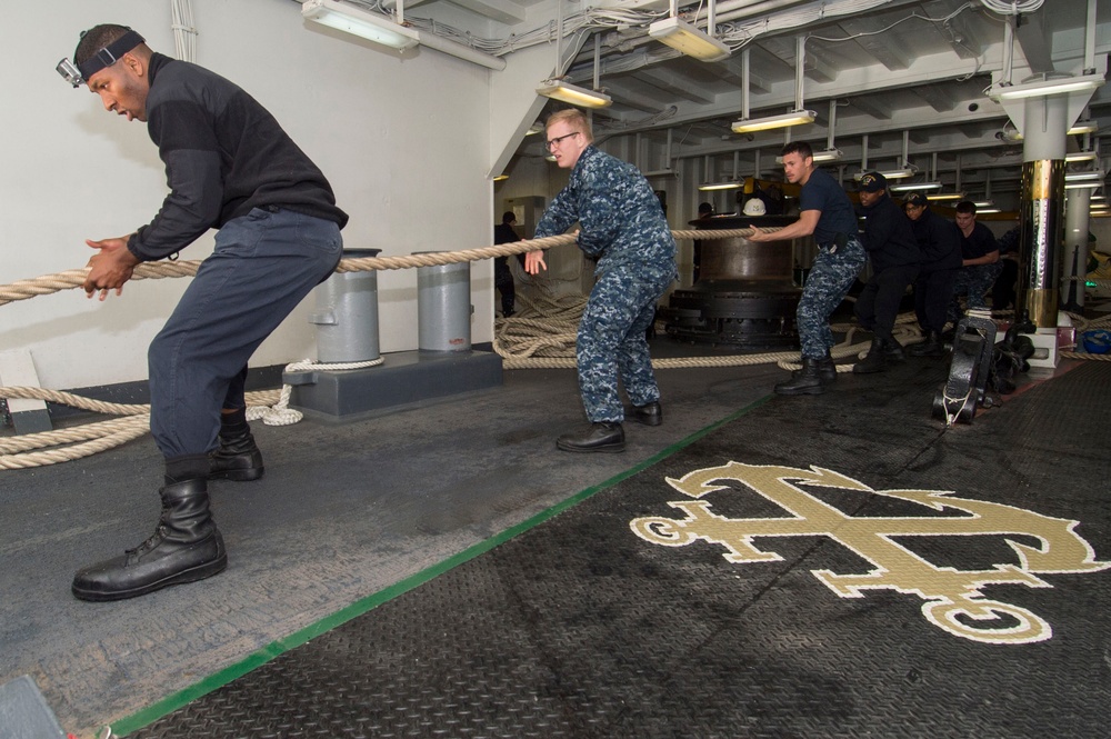 Sailors aboard USS Bonhomme Richard (LHD 6) Conduct Sea and Anchor Detail While Departing Sydney