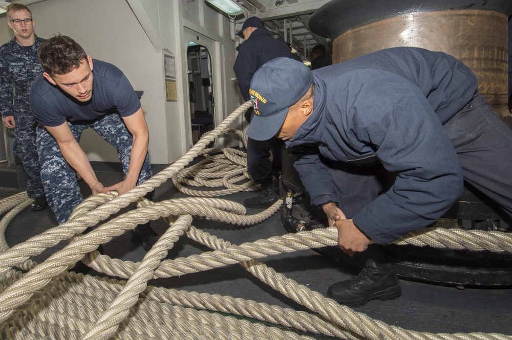 Sailors aboard USS Bonhomme Richard (LHD 6) Conduct Sea and Anchor Detail While Departing Sydney