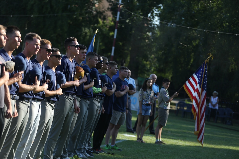 Play Ball: U.S. and Romanian teams play a friendly game