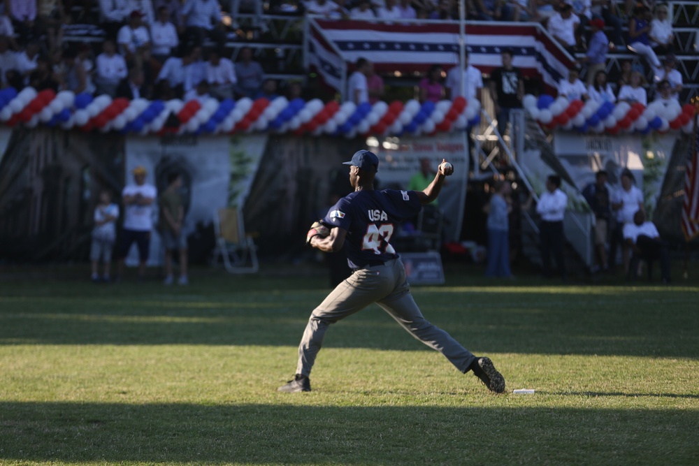Play Ball: U.S. and Romanian teams play a friendly game