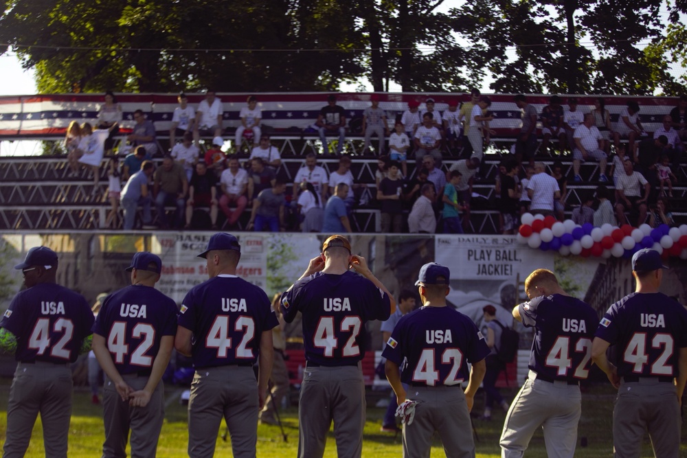 Play Ball: U.S. and Romanian teams play a friendly game