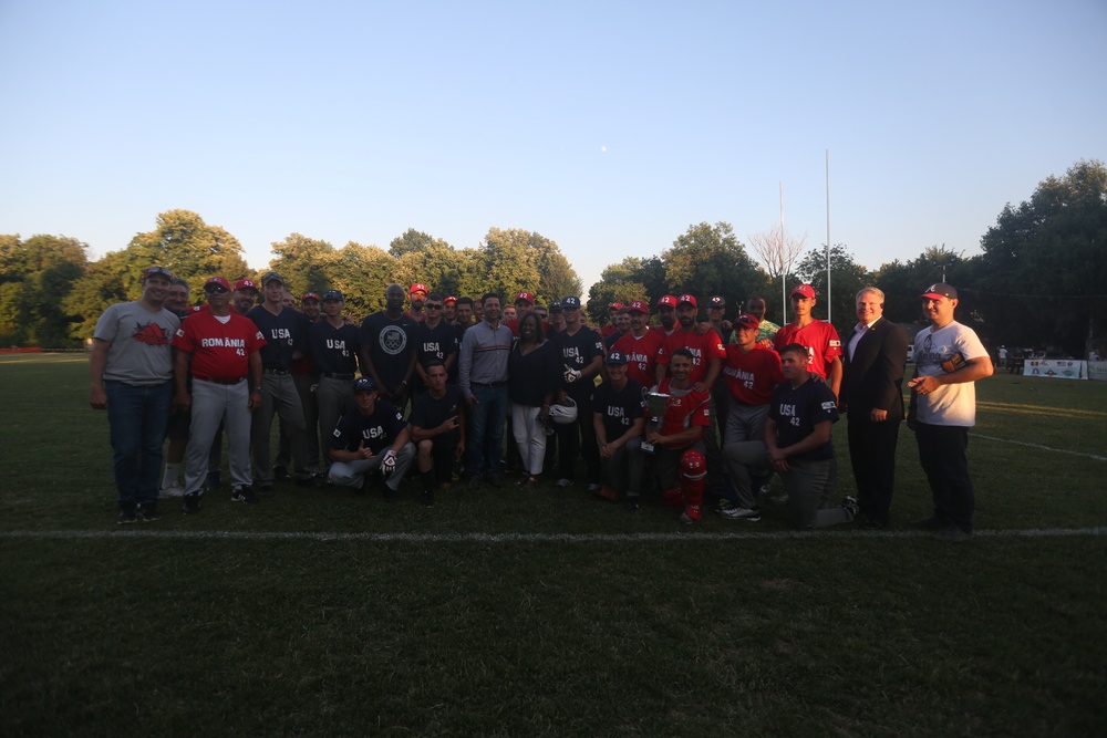Play Ball: U.S. and Romanian teams play a friendly game