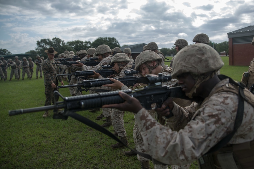 Marine recruits practice combat marksmanship on Parris Island