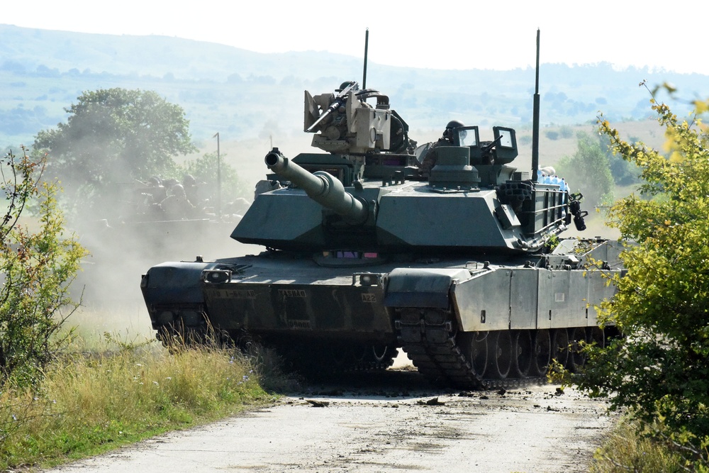 Soldiers of the 3rd Armored Brigade Combat Team, 4th Infantry Division, setup their M1 Abram Tanks during Getica Saber 17