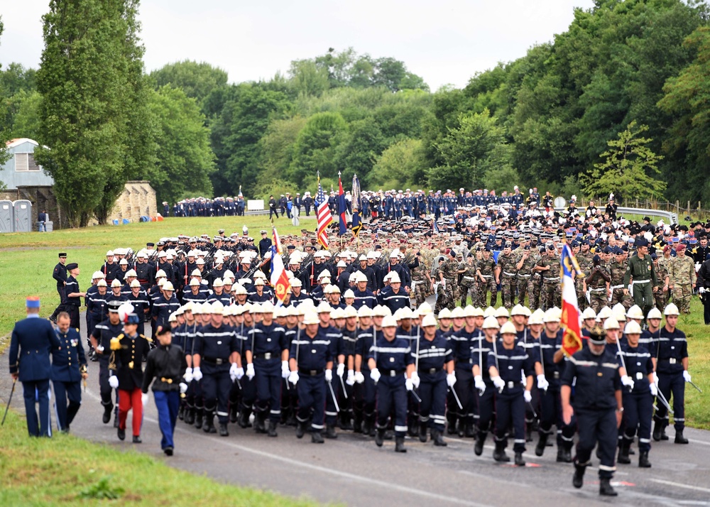 French and U.S. service members rehearse for the Military Parade on Bastille Day