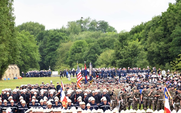 French and U.S. service members rehearse for the Military Parade on Bastille Day