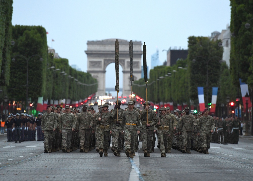 French and U.S. service members rehearse for the Military Parade on Bastille Day