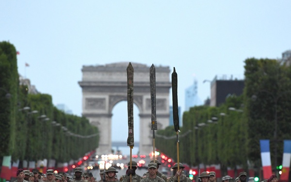 French and U.S. service members rehearse for the Military Parade on Bastille Day