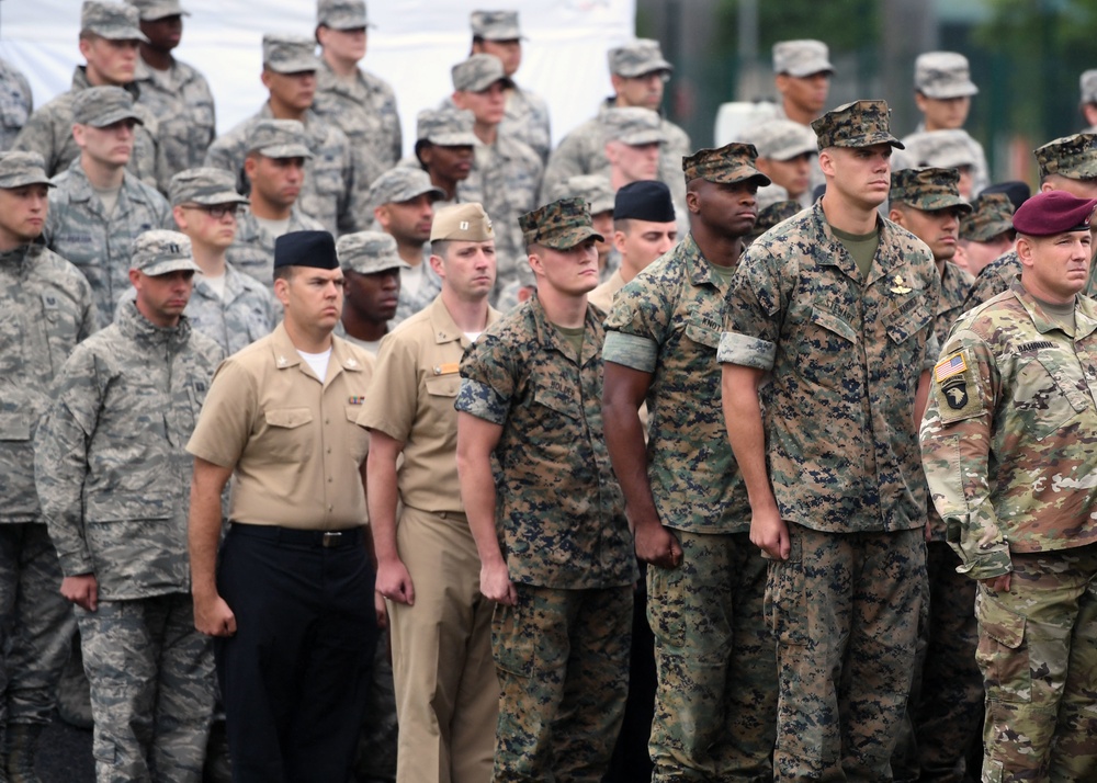 French and U.S. service members rehearse for the Military Parade on Bastille Day