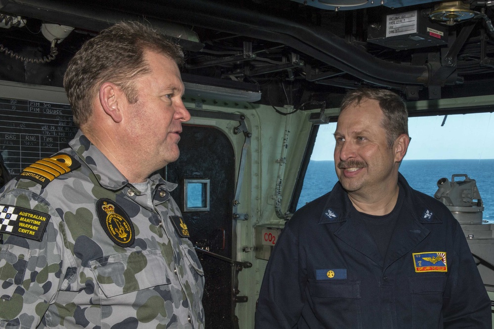 USS Bonhomme Richard Commanding Officer Speaks With Royal Australian Navy Captain Guy Holthouse