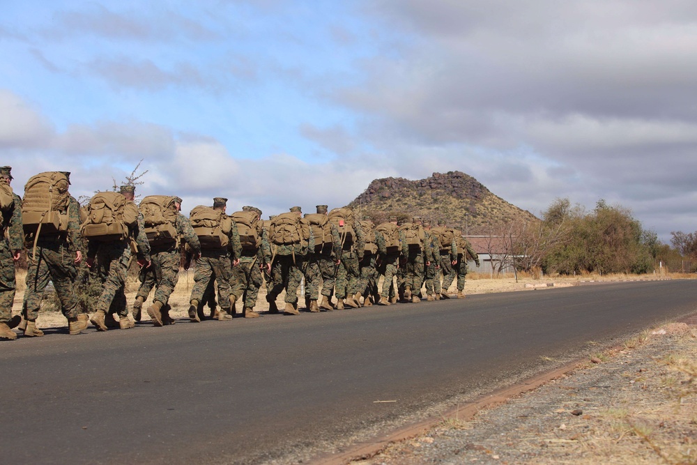 U.S. Marines conduct conditioning hike during Exercise Shared Accord