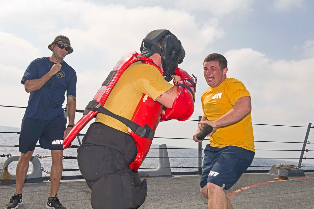 Truxtun, part of the George H.W. Bush Carrier Strike Group (GHWBCSG), is conducting naval operations in the U.S. 6th Fleet area operations in support of U.S. national security interests in Europe and Africa.